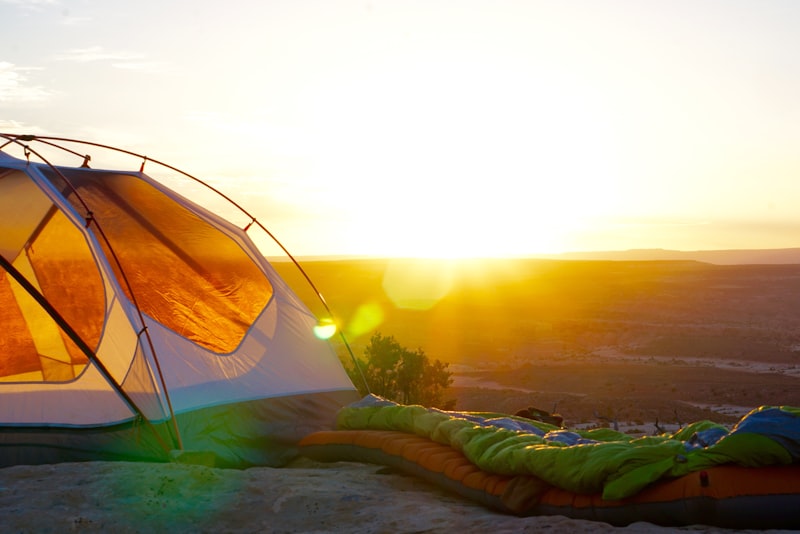 A tent pitched in a clearing at golden hour with forest in the background